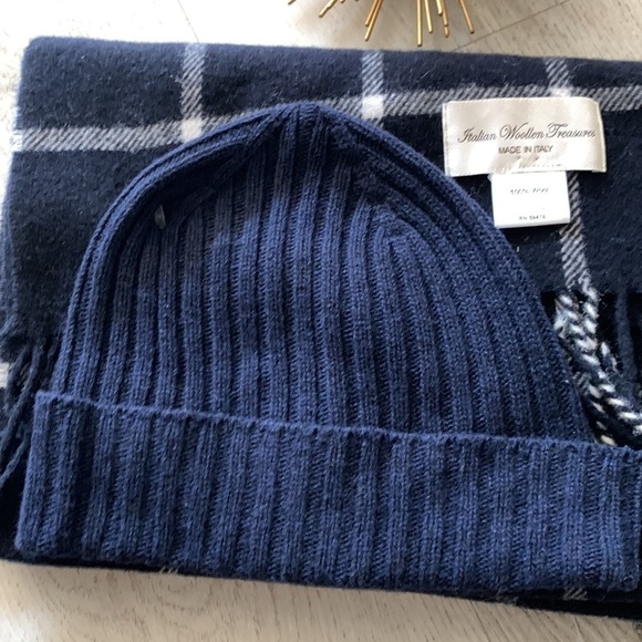 ITALIAN WOOLEN TREASURES Scarf‎ 100% & beanie wool made in Italy navy plaid - Picture 4 of 7